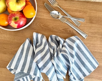 Striped Linen Napkins | Handmade Reusable Cloth Napkins, Set of 4 or 6 | blue and white stripes