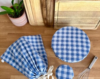 Sourdough Starter Kit: Bread Bag, Bowl Cover, Jar Cover | 100% cotton | reusable sourdough bread gift set | Blue Gingham checks