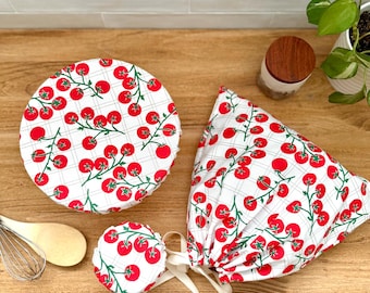 Sourdough Starter Kit: Bread Bag, Bowl Cover, Jar Cover | 100% cotton | reusable bread gift set | Tomato Garden Print