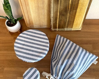 Sourdough Starter Kit; Bread Bag, Bowl Cover, Jar Cover | linen and cotton | reusable sourdough bread gift set | blue and white stripes