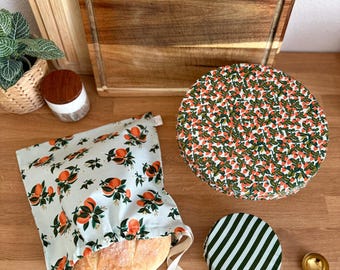 Sourdough Starter Kit; Bread Bag, Bowl Cover, Jar Cover | 100% cotton | reusable sourdough bread gift set | Oranges, Strawberries, Stripes