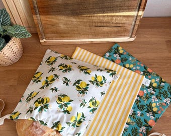 Bread Bags; Lemons, Stripes, Oranges | Round or Sandwich Loaf  | 100% cotton | reusable sourdough boule bag
