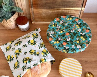 Sourdough Starter Kit; Bread Bag, Bowl Cover, Jar Cover | 100% cotton | reusable sourdough bread gift set | Oranges, Lemons, Stripes