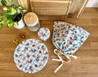 Sourdough Starter Kit: Bread Bag, Bowl Cover, Jar Cover | 100% cotton | reusable sourdough bread gift set | Peach and Gingham