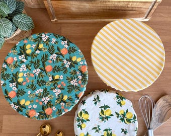 Reusable Bowl Covers; Lemons, Oranges + Stripes, large | 100% cotton | sourdough cover | kitchenaid bowl cover