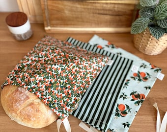Bread Bags; Strawberries, Stripes, Oranges | Round or Sandwich Loaf  | 100% cotton | reusable sourdough boule bag