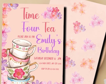 Time Four Tea Birthday Invitation | 4th Birthday Tea Party Invite | Editable Canva Template