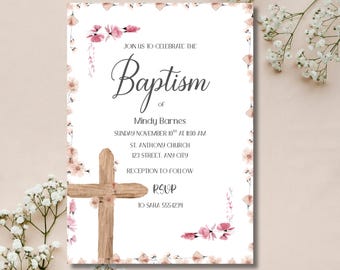Floral Cross Baptism Invitation for Girls, Editable Canva Template Digital Download, Christening Invite