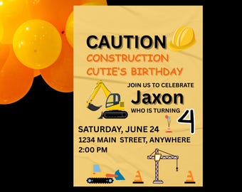 Construction Birthday Invitation | Digger Dump Truck Party | Editable Canva Template