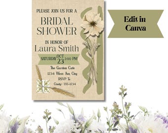 Boho Bridal Shower Invitation | Bohemian Floral Invite | Editable Canva Template