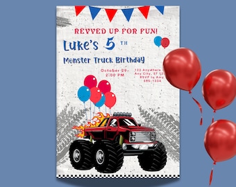 Monster Jam Birthday Invitation, Editable Canva Template