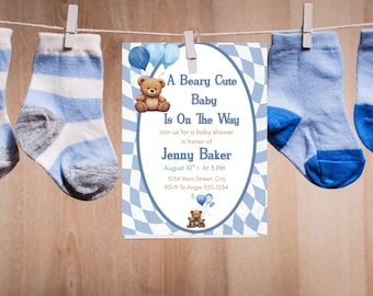 Teddy Bear Baby Shower Invitation | Beary Cute Invite | Blue Gingham| Editable Canva Template