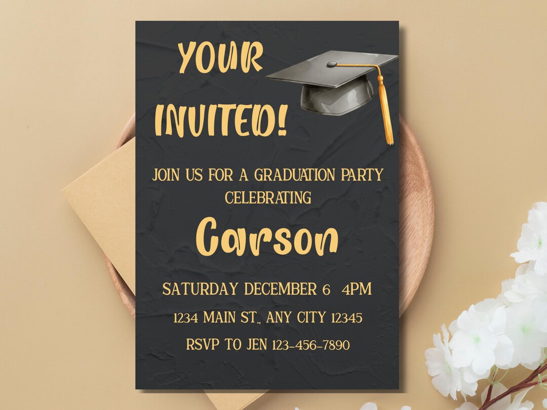 Black and Gold Graduation Party Invitation | Editable Canva Template - Etsy