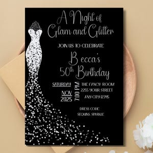 Glam and Glitter Birthday Invitation | 50th Birthday Invite | Editable Canva Template
