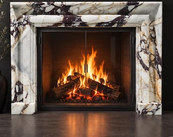 May include: A fireplace featuring a white and deep purple veined marble mantel surround. The fireplace has a black metal frame with glass doors enclosing a burning fire with glowing orange flames and dark brown logs on a brick interior.