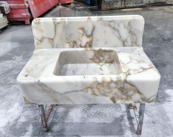 Calacatta Gold Marble Sink with Backsplash, 36"x18"x8" Inches, Sink for Bathroom, Wall Mounted and Countertop Basin
