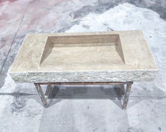Lavandino in marmo travertino intagliato a mano, mobiletto da bagno a parete