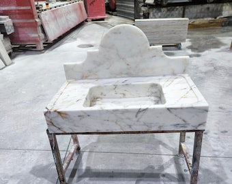 Calacatta Gold Marble Sink, Wall Mounted Marble , Natural Stone Sink with Backsplash, Powder Room Sink