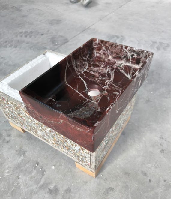 Rosso Levanto Marble Sink, Handcarved Natural Stone Vessel