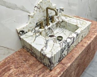Ready to Ship! Calacatta Viola Marble Sink with Backsplash, Wall Mounted Marble Sink for Bathroom, Natural Stone Sink, Fluted Marble Sink