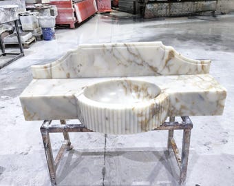 Calacatta Gold Marble Sink with Backsplash, Sink for Bathroom, Wall Mounted