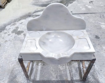 White Carara Marble Sink with Backsplash, Wall Mounted Sink for Bathroom, Natural Stone Washbasin