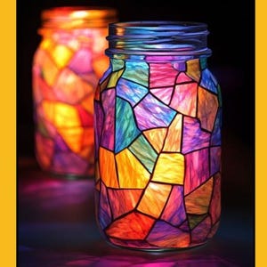 May include: Two glass jars with stained glass designs. The jars are filled with colourful light, featuring shades of red, orange, yellow, green, blue, and purple. The text "VETRO E LUCE" is at the top.
