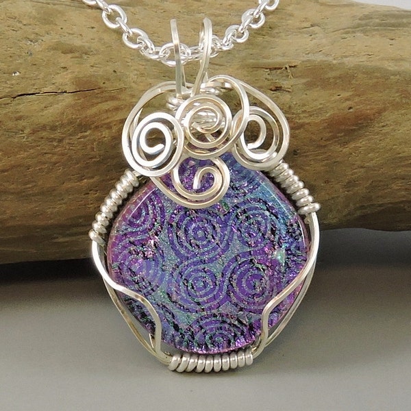 Wire Wrapped Necklace, Dichroic Glass Necklace, Dichroic Glass Jewelry, Purple necklace