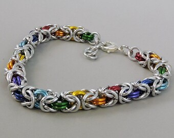 Rainbow Chainmail Bracelet, Chainmaille Bracelet, Byzantine Weave Chain Mail Jewelry, Gay Pride Bracelet, LGBT Jewelry
