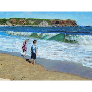 May include: An oil painting of a beach scene with two children standing near the water's edge. The ocean waves are crashing, and a cliff is in the background. The sky is blue, and the sand is tan.
