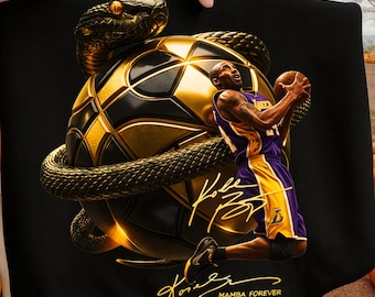 コービー・ブライアント「マンバ・フォーエバー」グラフィックアート、黒と金のバスケットボール選手（デジタルダウンロード）