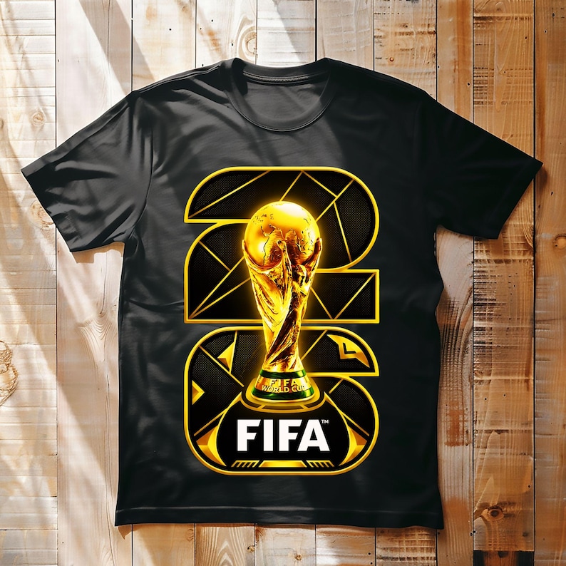 以下が含まれることがあります： 金色のFIFAワールドカップトロフィーのデザインが施された黒いTシャツ。数字の「2026」は金色で、下にFIFAのロゴが入っています。このTシャツは柔らかい素材で作られています。
