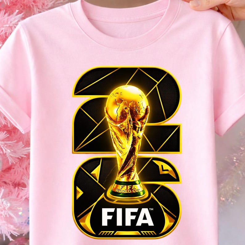以下が含まれることがあります： 薄いピンク色のTシャツ。金色のFIFAワールドカップトロフィーのデザインが施されています。グラフィックには、黒と金の幾何学模様を背景に、金と白で「FIFA」の文字が含まれています。Tシャツは半袖です。