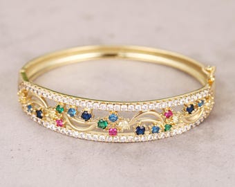 Pulsera de oro de 18 quilates, pulsera vintage de oro de 18 quilates, brazalete clásico con piedras preciosas, pulsera de diamantes única, brazaletes de regalo para ella