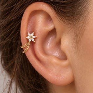 16G Flower CZ Internally Threaded Helix Chain Earring, Sterling Silver Flat Back Stud, Cartilage Earring, Helix Jewelry, Dainty Stud Earring