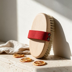 May include: An oval-shaped wooden body brush with light-coloured natural bristles. A wide, textured red elastic strap is secured across the centre of the wooden handle with two small, dark, circular fasteners on the side.