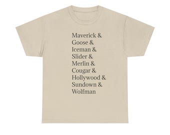 Top Gun Pilot Names Maverick Unisex Heavy Cotton Tee - Casual T-Shirt, Tom Cruise, Movie Character Names, Vintage, Retro