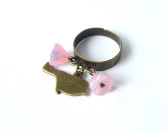 Woodland Ring with brass bird and pink flowers. Adjustable ring.