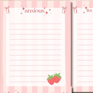 May include: Four pink notepads with lined pages and strawberry illustrations. Each notepad has a different phrase at the top: "anxious", "its giving adhd", "its giving anxiety", and "overstimulated". The notepads have a pink and white striped border.