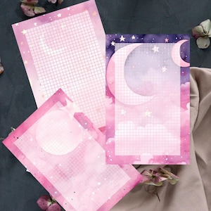Bloc de notas con diseño de cielo rosa, luna y estrellas celestiales, inserto de papelería pastel