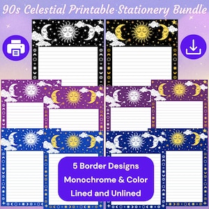 90s Celestial Stationery Bundle, Retro Sun and Moon Printable Writing Paper (Digital Download)