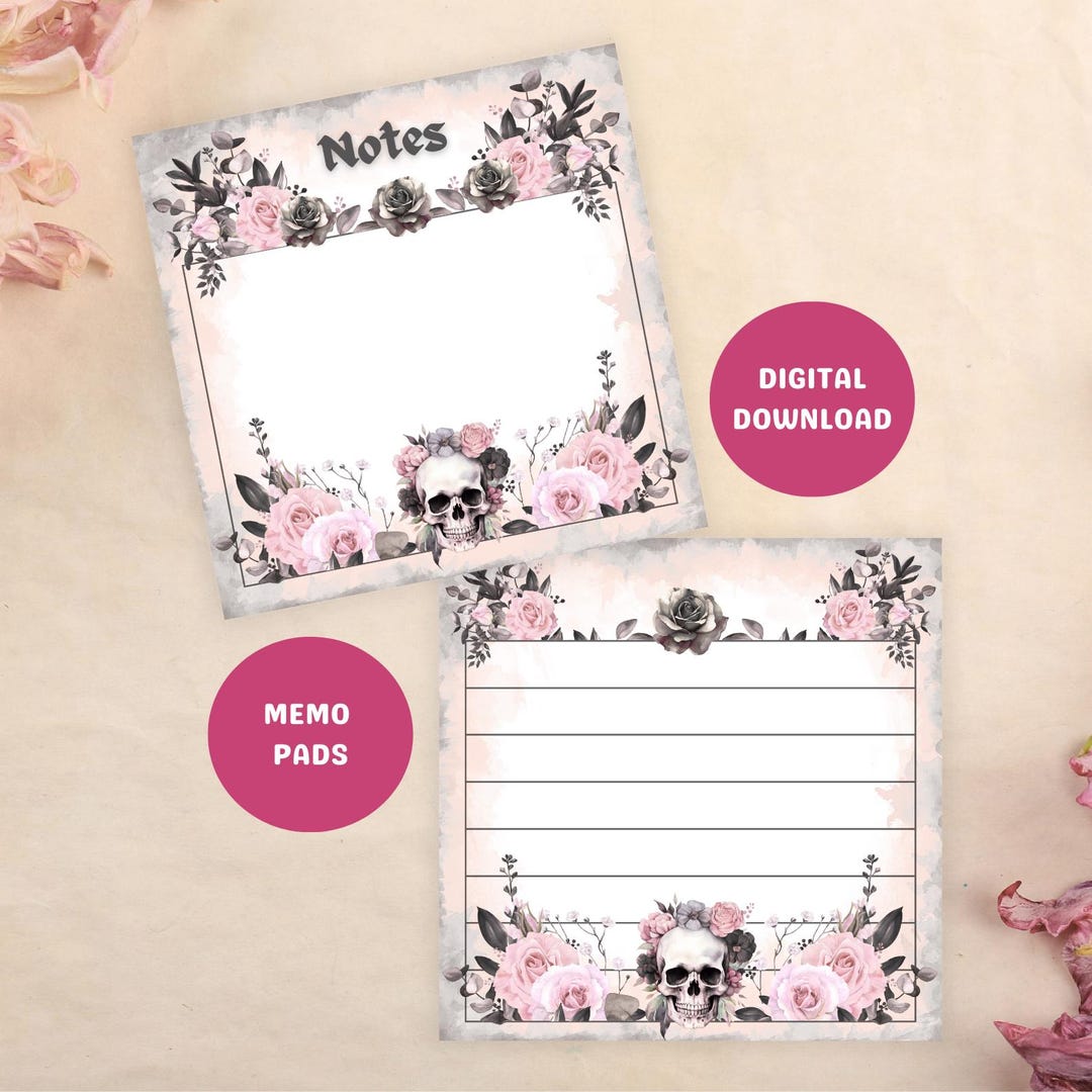 Floral Skull Memo Pads, Pink Gothic Notepad, Printable Watercolor ...