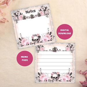 Floral Skull Memo Pads, Pink Gothic Notepad, Printable Watercolor Sticky Note (Digital Download)