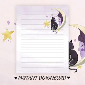 Op de afbeelding: Gelijnd briefpapier met een aquarelontwerp met een zwarte kat, een halve maan en sterren. Het ontwerp heeft een paars-gouden kleurenschema. De woorden "INSTANT DOWNLOAD" staan onderaan de pagina.