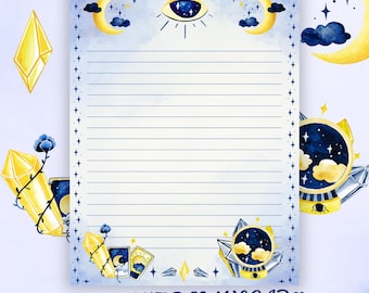 May include: Lined stationery with a celestial theme. The design features a blue and white background with illustrations of moons, stars, crystals, and an eye. The text "INSTANT DOWNLOAD" is at the bottom.