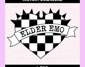 Elder Emo PNG, Checkered Heart Design, Millenial Nostalgia, Goth Humor, Still Emo Graphic for Print and Sublimation (Digital Download)