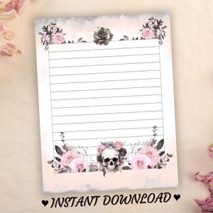 Blommig dödskalle akvarell brevpapper, rosa gotiska anteckningssida, utskrivbart skrivpapper (digital nedladdning)