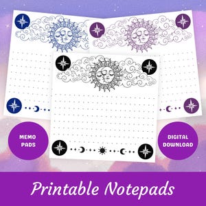 Puede incluir: Blocs de notas imprimibles con diseños celestiales. Los blocs de notas presentan ilustraciones de sol y luna, estrellas y páginas punteadas. La imagen incluye el texto "Memo Pads" y "Digital Download" en círculos morados, y "Printable Notepads" en la parte inferior.