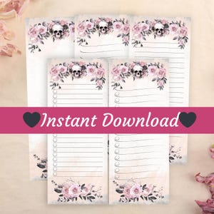 花柄スカルノートパッド、ピンクゴシックToDoリスト、印刷可能な水彩画文房具（デジタルダウンロード）