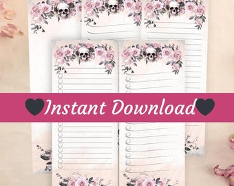 Bloc de notas con calaveras florales, lista de tareas gótica rosa, papelería de acuarela imprimible (descarga digital)